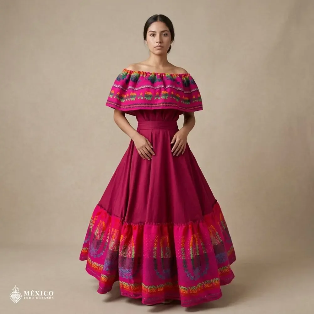 Traditional Mexican 3-Piece Cambaya Dress Set with Matching Rebozo Handmade